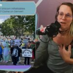 a still of me, a white trans woman in the video, with my hand to my chest, speaking into a microphone. on my right is a window that says "I love my town" and "Please, please cam unicorn inflatables become 'our' thing? come on denver?" over an image of the recent no kings march where several people can be seen in front of the state capitol in unicorn suits