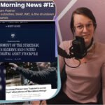 On the right is me, a why trans woman cocking my head to the side and speaking into a microphone. On the left is text that reads "Muttday Morning News #12 The East Wing, Graham Platner The Affordable Care subsidies, SNAP, WIC, & the shutdown And asprin bruised hands" bellow that is an image of the white house Executive order page for the strategic bitcoin reserve, an image of House Speaker Johnson, and one of Graham Platner, with text that reads "Graham platner says 'I'm not a secret Nazi' after photos of his tattoo emerge.