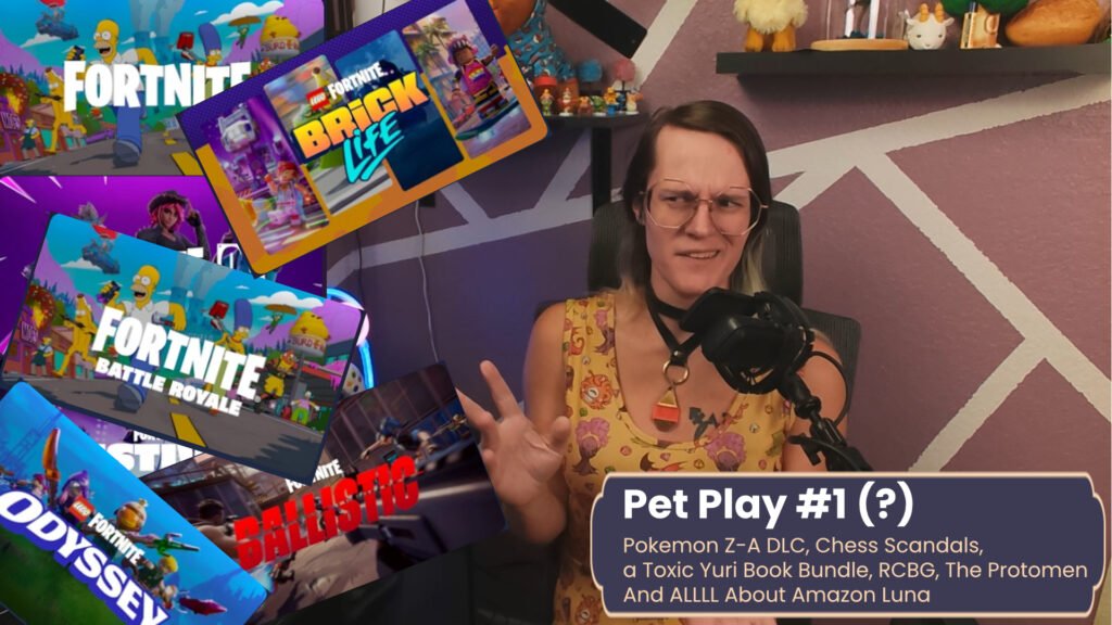 an image of a white trans woman with glasses, a collar, a digimon crest, and a yellow dress covered in cartoon D&D monsters, looking confused as several images overlap each other on the left side of the image. each is the cover art for a different fortnite game that's part of amazon luna standard. Text in a window under her reads, Pet Play #1 (?) Pokemon Z-A DLC, Chess Scandals, a Toxic Yuri Book Bundle, RCBG, The Protomen And ALLLL About Amazon Luna 