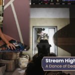 an image of a desert eagle being fired in first person from the game Escape from Tarkov. a large image of a sitting woman is in the top left and a window that says 11/11 Stream highlights 'A dance of deagles' is in the lower right