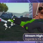 a YouTube thumbnail image On the left, a pokemon player character model is kneeling and fist bumping the green and black dog-like Pokémon Zygarde 10% who is fist bumping back with it's nose. I, a white trans woman, am falling over laughing in the top right. in the bottom right there are text boxes which read, 11/14 Stream Highlights: Zygarde & the Cursed Books Twitch logo and YouTube logo, phennoflore Bluesky logo phenn.gay