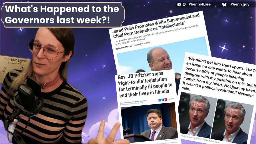 A YouTube style thumbnail. In the top left, a text box reading, What's Happened to the
Governors last week?! It's covering over my head. I am a white woman wearing a hexagon glasses, a pink collar, and a pink, grey, and black stripped dress. I'm smirking and gesturing towards three news headlines about Illinois Governor Pritzker, Colorado Governor Jared Polis, and California Governor Gavin Newsom all doing, frankly absurd thing.
