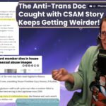 a youtube style thumbnail with a headline and a few article excerpts from the Alaska Beacon about Dr. Ryan McDonough, a medical board appointee who voted against children's healthcare who was later caught with CSAM a few days before his house burned. A am on the right side cringing away from the headlines and excerpts