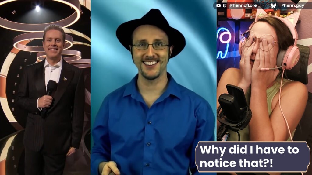 a youtube style thumbnail. On the left, a shot of Geoff Keighley from the 2025 Game Awards making a fairly dead-eyed smile as the camera cuts back to him. In the center is a picture of Dougwalker making a similar dead-eyed smiled that fails to reach his eyes and only includes his upper teeth, similar to Geoff Keighley's. On the right, a picture of me, a white trans woman with catear headphones covering my face with my hands. Bellow is text that reads "Why did I have to notice that?!"