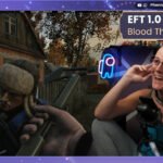 a YouTube thumbnail featuring, on the left, a scav from Escape from Tarkov, as the player's axe descends towards their face. On the right, myself, a woman with an extremely wide smile sitting in an office chair wearing leggings and a tank top. Text in the top corner reads Twitch logo and YouTube logo, phennoflore Bluesky logo phenn.gay EFT 1.0 11/19 - 11/27 | Blood Thirsty Woman