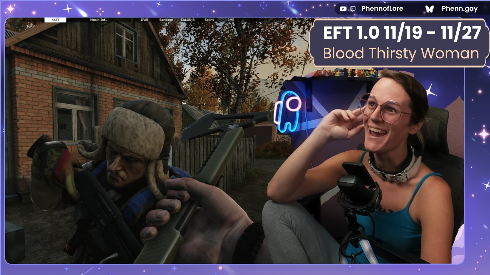 a YouTube thumbnail featuring, on the left, a scav from Escape from Tarkov, as the player's axe descends towards their face. On the right, myself, a woman with an extremely wide smile sitting in an office chair wearing leggings and a tank top. Text in the top corner reads Twitch logo and YouTube logo, phennoflore Bluesky logo phenn.gay EFT 1.0 11/19 - 11/27 | Blood Thirsty Woman