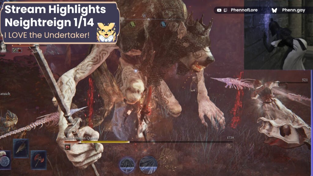 a youtube thumbnail style image of a nun, the undertaker from nightreign, fighting a demi-human queen as two other Undertakers use thier ultimates to attack from both sides as well.