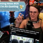 A YouTube thumbnail style image of a white woman doing air quotes is surrounded by a digimon card, a new story on tesla Robotaxi's crashing, and an "AI social network" In the top left is a banner with the text Muttday Morning News #25 Guess What I'm Air Quoting Could be anything! There's anthropomorphized AIs  US Politics, Tesla's bad week, and tcg rules explaining on the top right is additional text reading YouTube and Twitch @Phennoflore and Bluesky @phenn.gay