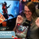 A YouTube thumbnail style image of a white woman looking happy but squinting while surrounded by cards from several games. On the far left, the BT25 Shinegreymon: Burstmode is sneaking in from off screen. At the bottom, a red and blue spinosaurus card with Jurassic park branding and korean text. And on the right, the Slay the Spire 2 Defect cards, Claw and Feral. Pink text with a purple outline is pointing at both stories and reads “These are thematically linked I Swear!” In the bottom right is a banner with the text Muttday Morning News #28 t's not ALL TCGs, Only Mostly Over smaller text reading, Yeah, I know, Slay the Spire isn't a TCG But Jurassic Park and Digimon ARE! Let me have this! In the top left corner that is additional text reading YouTube and Twitch @Phennoflore and Bluesky @phenn.gay