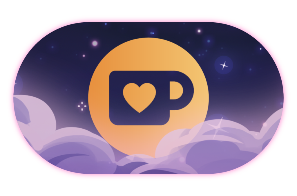 a golden kofi logo on a starry background