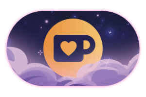 a golden kofi logo on a starry background