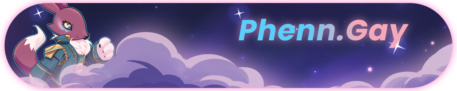 a banner image featuring a purple anthropomorphized fox on one side, on the other side in blue and pink is text that reads phenn.gay