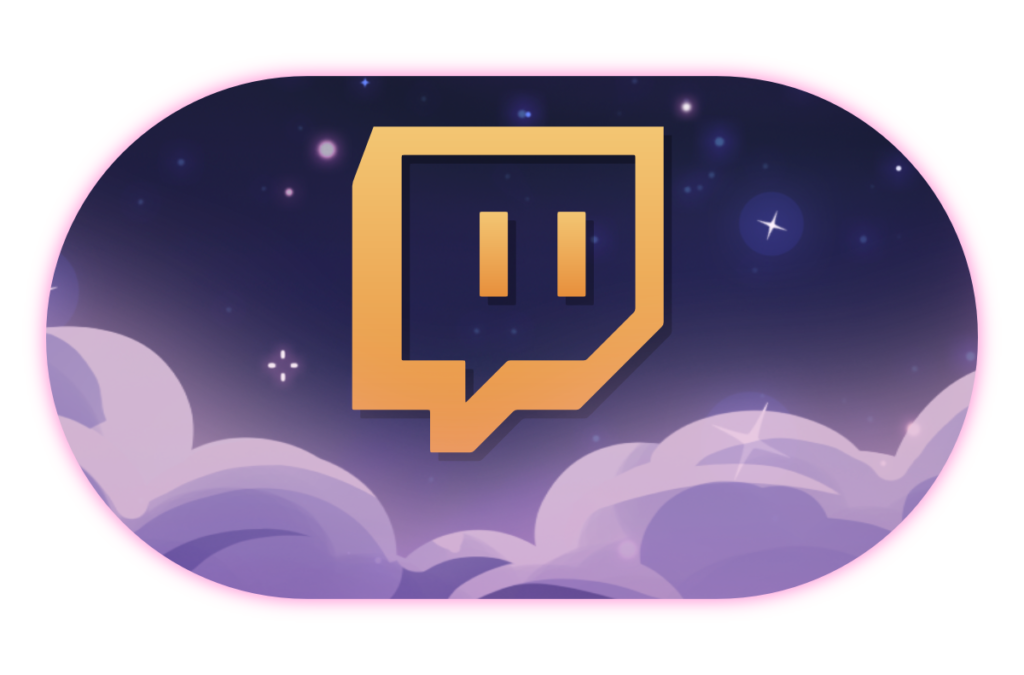 the twitch logo in gold on a starry background